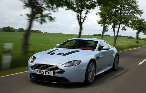 Machine, trees, Aston Martin, speed, Vantage, V12