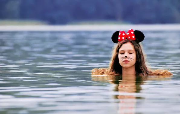 Picture mustache, girl, lake, brown hair, bow, ears