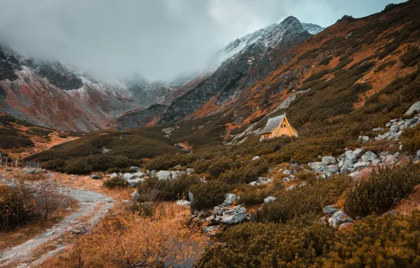 Autumn, mountains, stones, slope, house
