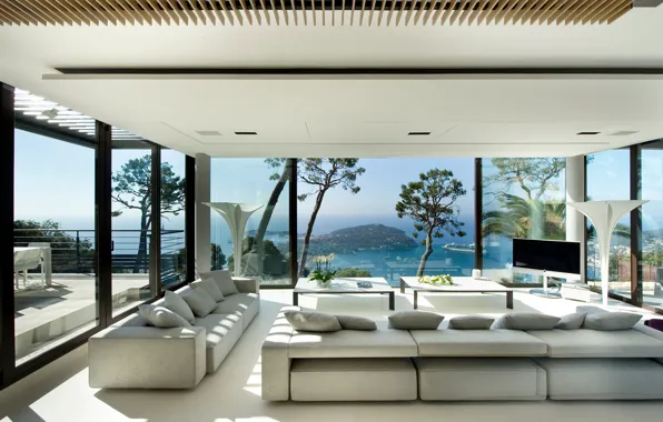 Glass, Villa, view, Windows, interior, living room