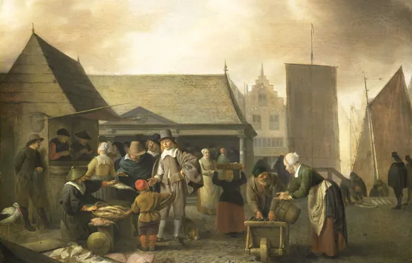 Tree, oil, picture, the urban landscape, genre, Fish Market, Hendrik Martens Sorgue