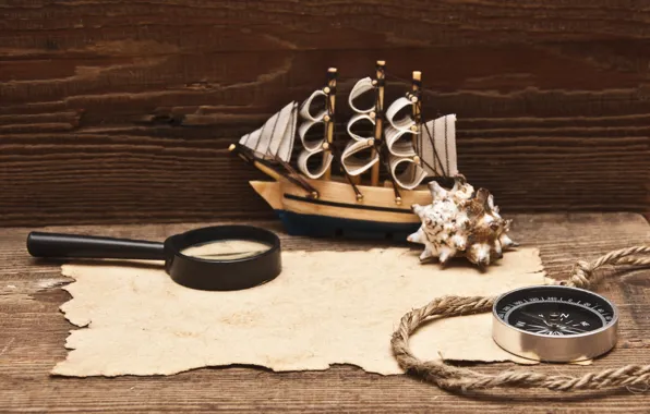 Picture model, rope, magnifier, compass, the manuscript
