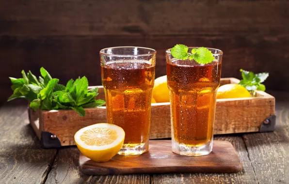 Table, glasses, drink, lemons