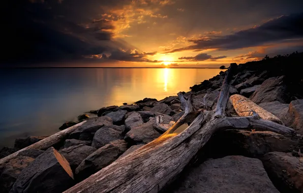 The sky, the sun, clouds, sunset, lake, stones, tree