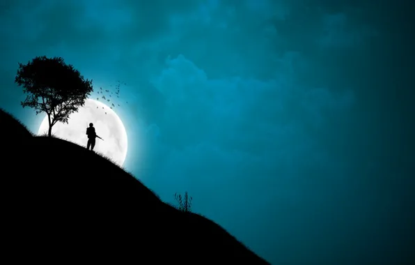 Tree, the moon, Night, slope, soldiers
