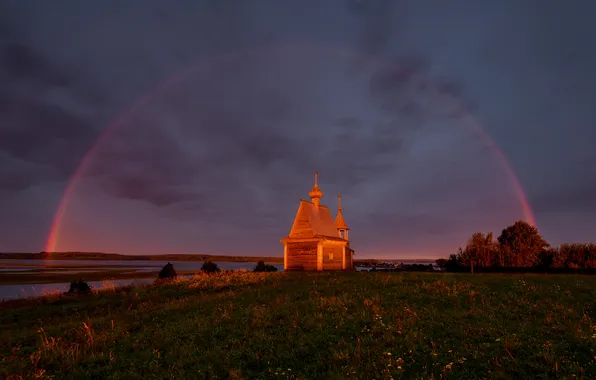 Sunset, rainbow, Church
