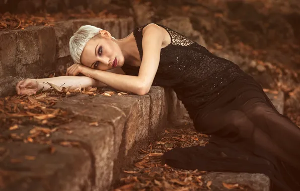 Autumn, look, leaves, pose, model, portrait, makeup, figure