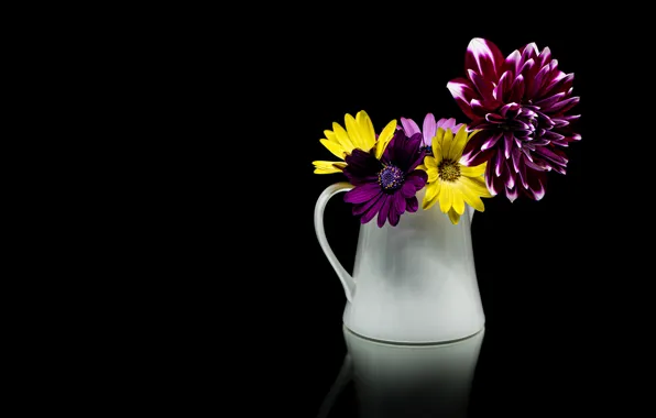 Flowers, bouquet, yellow, pitcher, black background, red, Dahlia, lilac