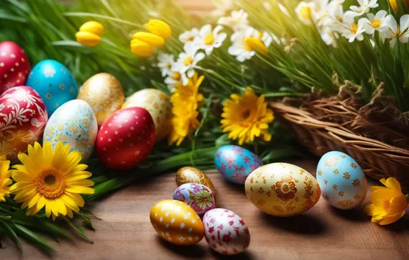 Picture flowers, eggs, spring, colorful, Easter, happy, flowers, spring