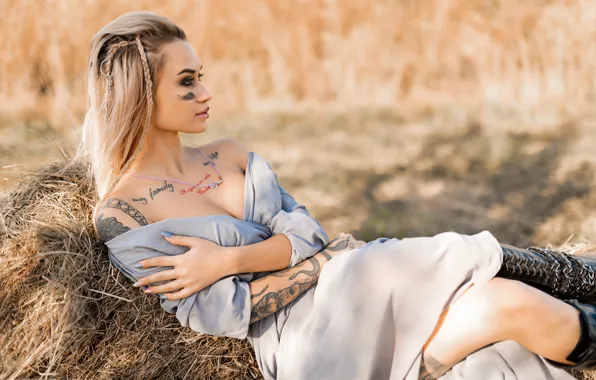 Picture girl, pose, hands, tattoo, hay, braids, shoulders, paint