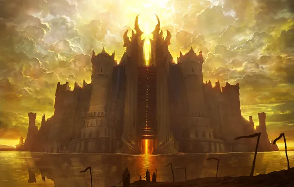 Picture clouds, lights, reflection, river, castle, people, art