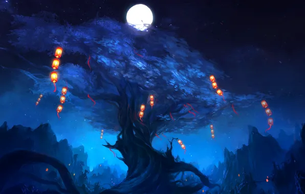 Picture night, lights, tree, rocks, the moon, art, lanterns, zyxlx