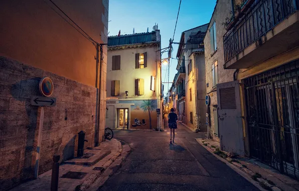 Girl, the city, home, signs, twilight, street, walking, lampposts