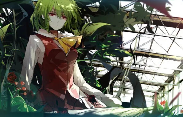 Picture girl, flowers, greenhouse, plants, umbrella, red eyes, green hair, touhou