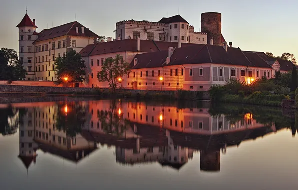 Picture water, trees, sunset, lights, reflection, river, home, the evening