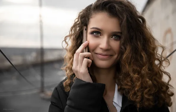 Picture look, girl, face, smile, hair, portrait, phone, curls