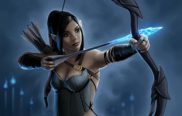 Ice, girl, lights, magic, bow, arrows, pointy ears