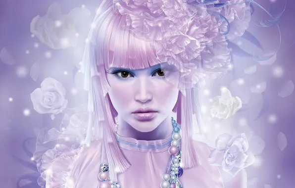 Girl, flowers, pink hair