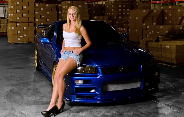 Auto, look, girl, box, composition, blonde, Nissan
