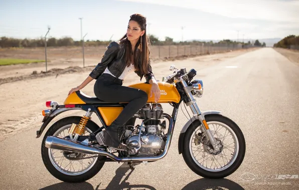 Picture road, Girls, hairstyle, girl Raquel, posing on a motorcycle Royal Enfield Continental GT