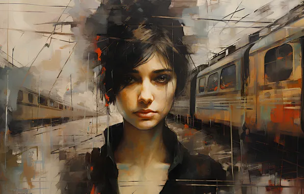 Girl, station, train, train, painting, imitation painting, AI art, neural network