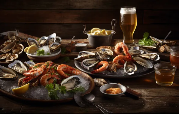 Foam, table, Board, glass, food, beer, shrimp, seafood