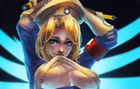 Chest, girl, blonde, Dr., blue eyes, blizzard, art, Overwatch