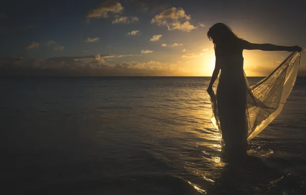 SEA, HORIZON, The SKY, CLOUDS, DRESS, SUNSET, DAWN, SILHOUETTE