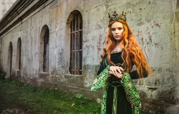 Crown, Princess, redhead, part of the building, medieval outfit
