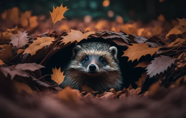 Autumn, leaves, rendering, foliage, graphics, Nora, art, raccoon