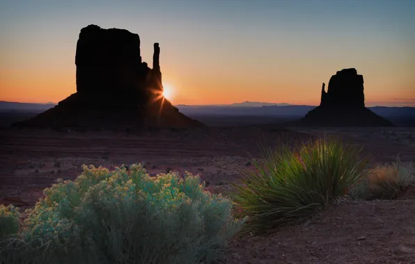 The sky, grass, the sun, rays, light, sunset, mountains, nature