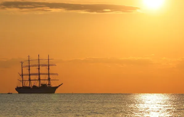 Sea, sunset, reflection, ship, sailboat, the evening, mast