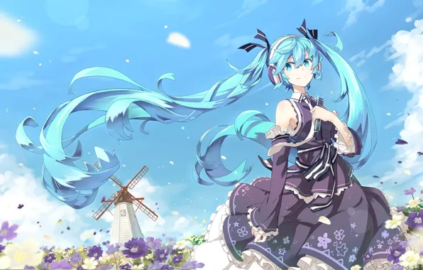 The wind, headphones, vocaloid, Hatsune Miku, Vocaloid, blue hair, cosmos, windmill