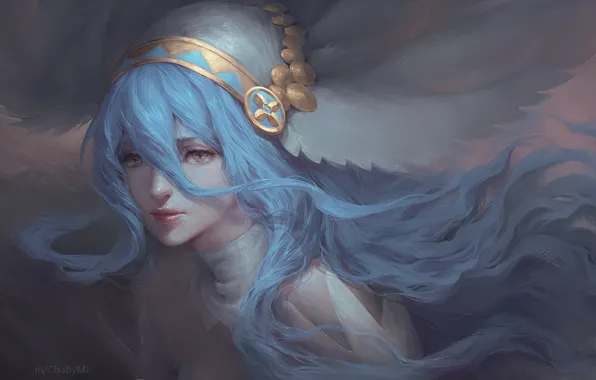 Picture girl, face, blue hair, art, headdress, ChubyMi