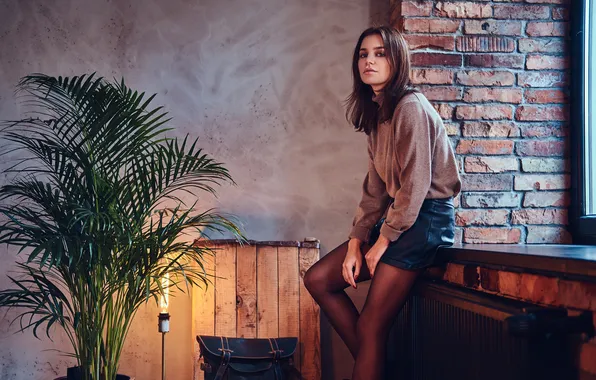 Window, room, brunette, attractive, female, posing