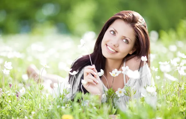 Picture look, girl, flowers, smile, brown hair, lawn
