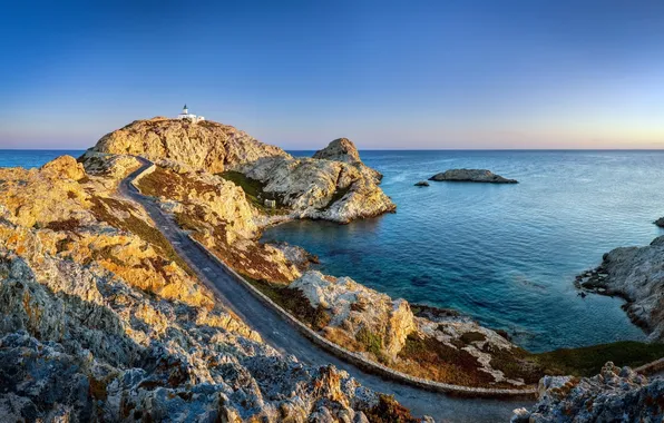 Road, sea, water, stones, lighthouse