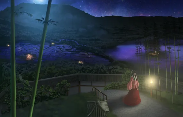 Picture girl, stars, night, lights, Park, bamboo, walk, touhou