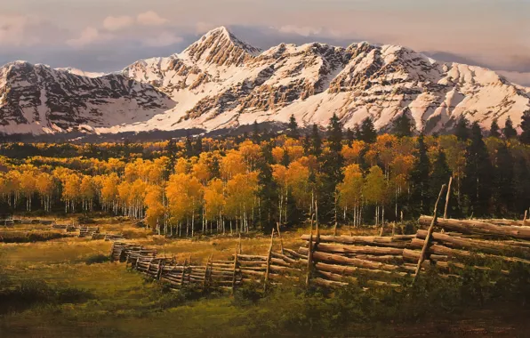 Picture autumn, forest, snow, mountains, the fence, birch, painting, Bruce Cheever