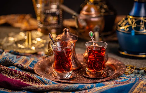 Background, pattern, tea, kettle, the tea party, dishes, fabric, glasses