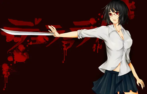 Girl, sword, blood, weapon, big, anime, red eyes, katana