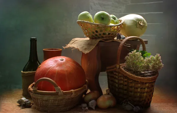 Picture flowers, apples, bottle, bow, pumpkin, pitcher, still life, basket