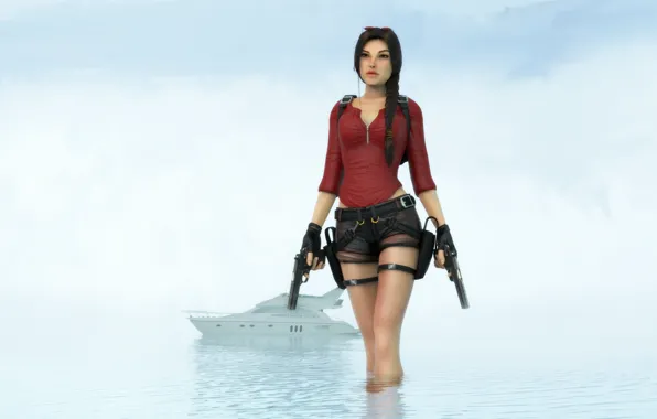 Sea, water, girl, boat, shorts, boat, beauty, lara croft