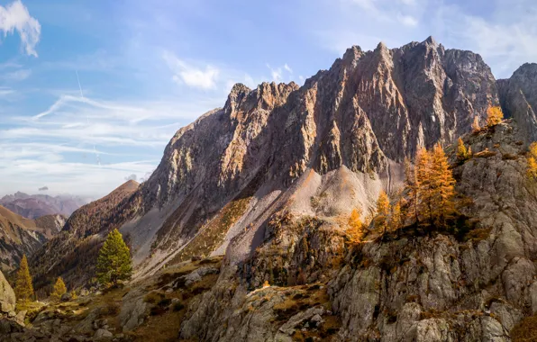 Autumn, the sky, the sun, clouds, trees, mountains, stones, rocks