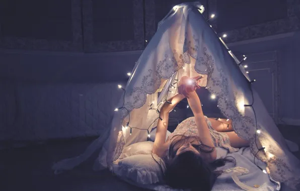 Girl, room, tent, lanterns