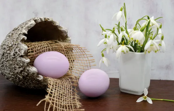 Flowers, table, holiday, egg, eggs, bouquet, spring, snowdrops