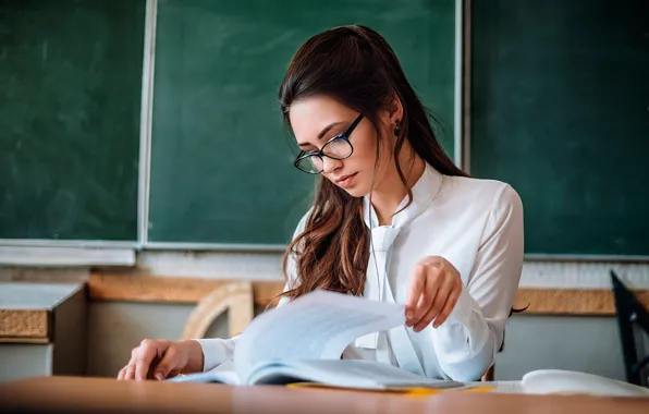 Glasses, blouse, the teacher, journal, teacher, strict