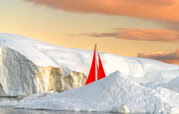 Winter, sea, the sky, clouds, ship, sailboat, glacier, iceberg