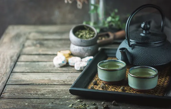 Picture kettle, green tea, Asian style, bowl
