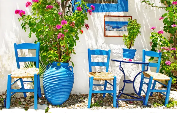 Picture the city, blue, Greece, chairs